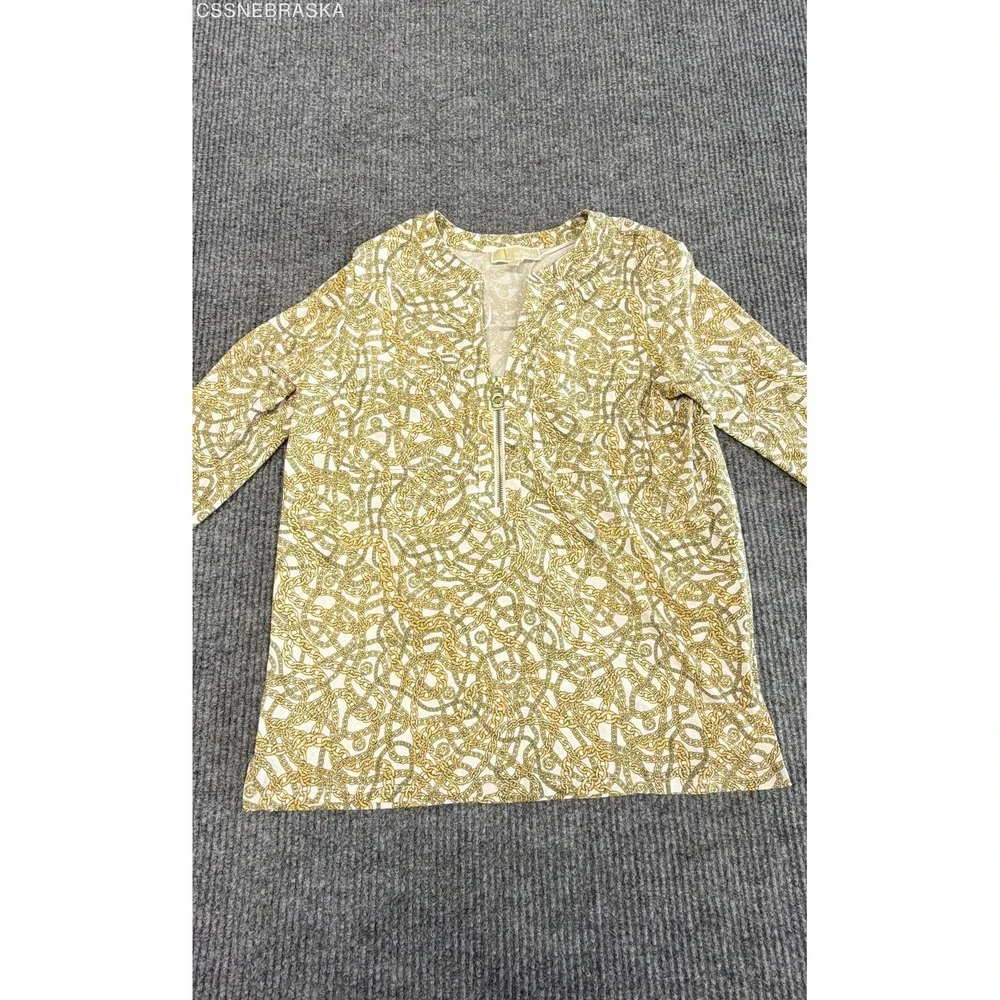 Michael Kors Yellow Women's Blouse Gold Chain Link Print Zip Front Top - Medium
